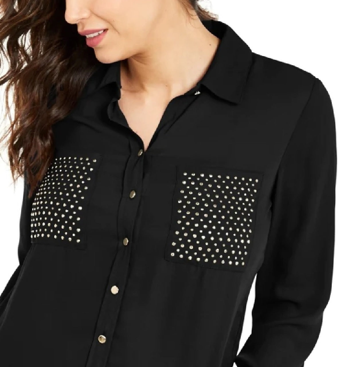 Camisa feminina com tachas Thalia Sodi, preta, tamanho médio