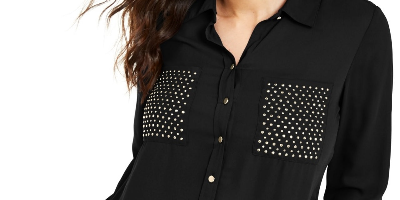 Camisa feminina com tachas Thalia Sodi, preta, tamanho médio