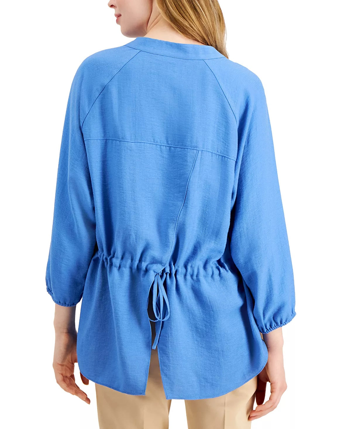Blusa feminina Alfani com manga bispo e amarração nas costas, azul, tamanho grande