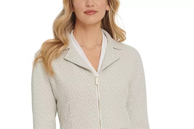 Jaqueta feminina DKNY bege com zíper e estampa de glitter, branca, tamanho 10