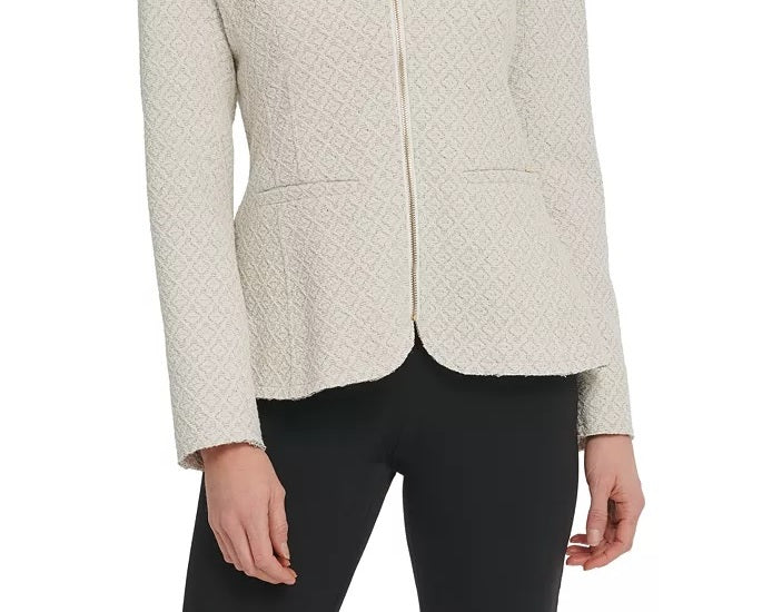 Jaqueta feminina DKNY bege com zíper e estampa de glitter, branca, tamanho 10