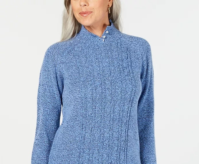 Karen Scott Suéter Feminino Petite Gola Alta em Tricô com Cabo Azul Tamanho Médio