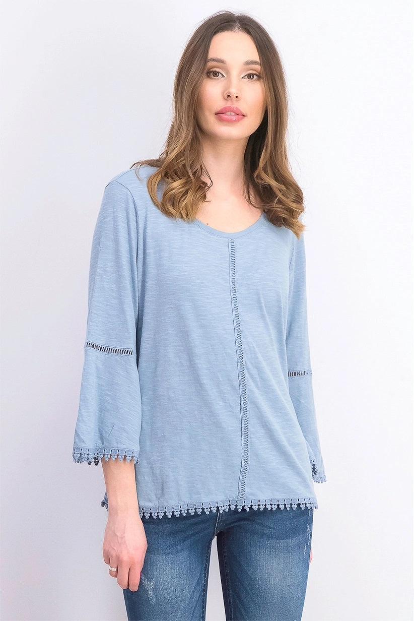 Blusa feminina estilo &amp; co, pequena, de crochê, com manga sino, azul, tamanho PL