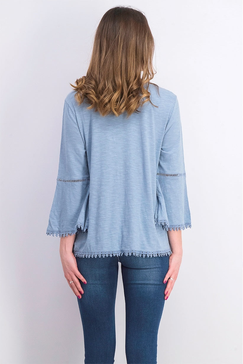 Blusa feminina estilo &amp; co, pequena, de crochê, com manga sino, azul, tamanho PL