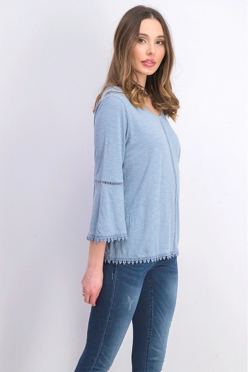 Blusa feminina estilo &amp; co, pequena, de crochê, com manga sino, azul, tamanho PL