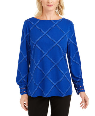 Blusa de malha xadrez feminina Charter Club, azul, tamanho XS