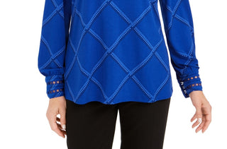 Blusa de malha xadrez feminina Charter Club, azul, tamanho XS