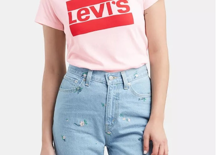 Camiseta Levi's Feminina com Estampa de Logotipo Flocado Rosa Tamanho P