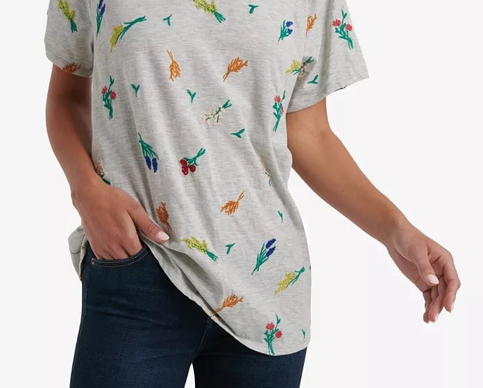 Camiseta feminina Lucky Brand com estampa floral bordada, cinza, tamanho médio