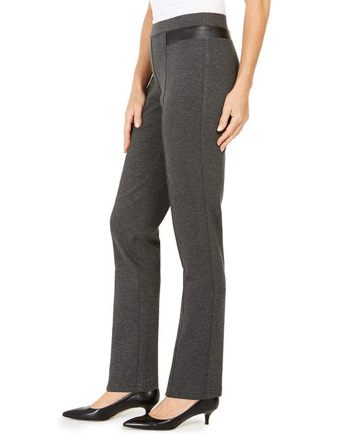 Calça feminina JM Collection com acabamento em couro sintético e ponte em malha cinza tamanho grande