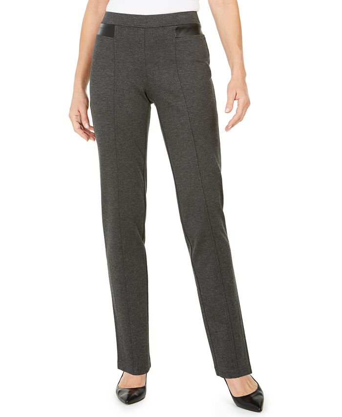 Calça feminina JM Collection com acabamento em couro sintético e ponte em malha cinza tamanho grande