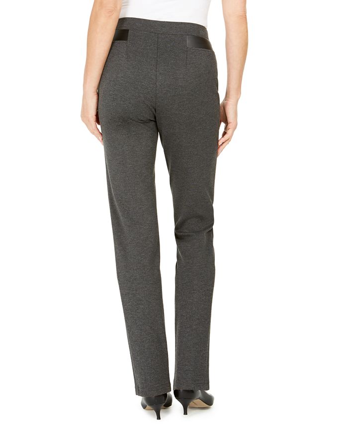 Calça feminina JM Collection com acabamento em couro sintético e ponte em malha cinza tamanho grande