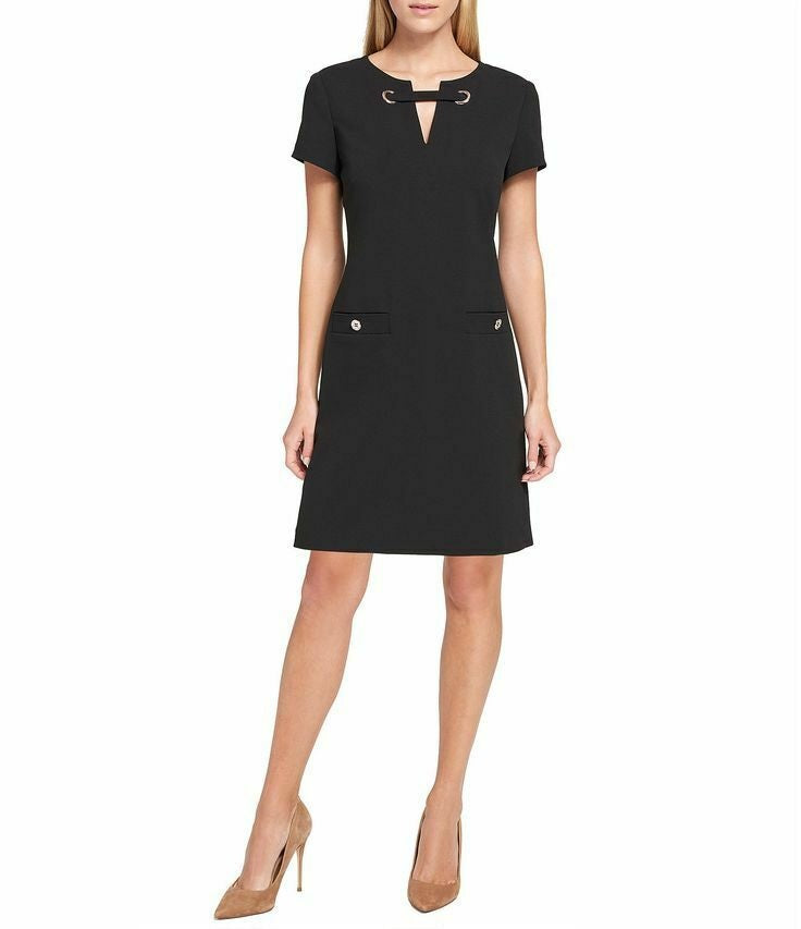 Vestido Tommy Hilfiger Scuba Crepe com Bolso e Grommet, Feminino, Preto, Tamanho 10
