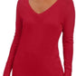 Suéter feminino JM Collection com mangas enfeitadas e decote em V, vermelho, tamanho médio