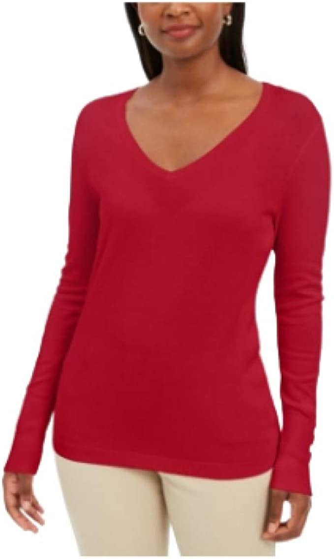 Suéter feminino JM Collection com mangas enfeitadas e decote em V, vermelho, tamanho médio