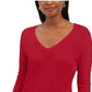 Suéter feminino JM Collection com mangas enfeitadas e decote em V, vermelho, tamanho médio