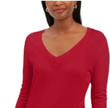 Suéter feminino JM Collection com mangas enfeitadas e decote em V, vermelho, tamanho médio