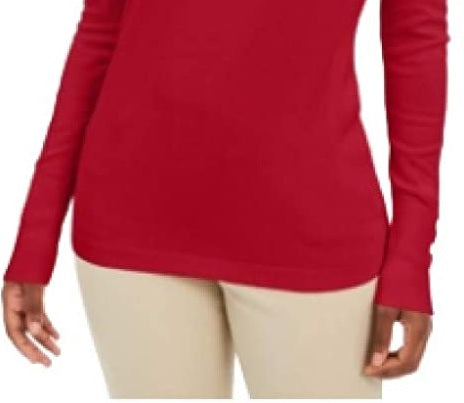 Suéter feminino JM Collection com mangas enfeitadas e decote em V, vermelho, tamanho médio