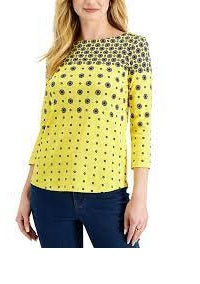 Camiseta feminina Charter Club de algodão estampado com manga 3/4, amarela, tamanho pequeno