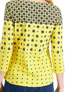 Camiseta feminina Charter Club de algodão estampado com manga 3/4, amarela, tamanho pequeno