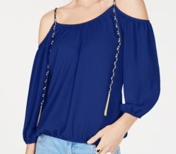 INC International Concepts Top feminino com detalhe de corrente e ombro descoberto, azul brilhante, tamanho X-S