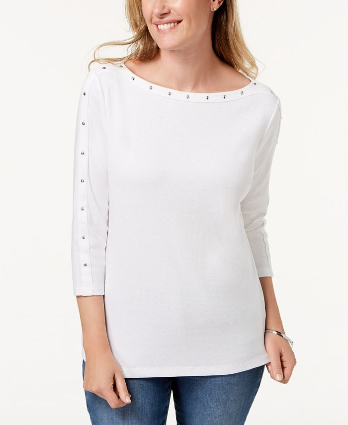 Karen Scott Top feminino pequeno de algodão com tachas e gola canoa, branco, tamanho PS/M