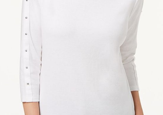 Karen Scott Top feminino pequeno de algodão com tachas e gola canoa, branco, tamanho PS/M