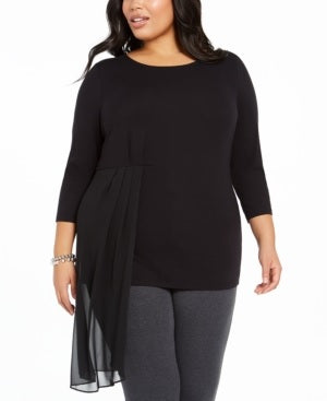 Blusa feminina Alfani Plus Size com sobreposição assimétrica, preta, tamanho 0X