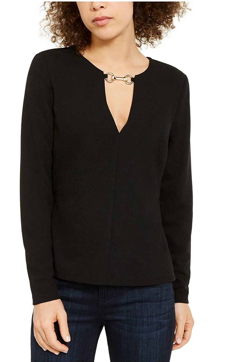 Blusa feminina com decote em V e abertura para fechadura da INC International Concepts - preta, tamanho X-S