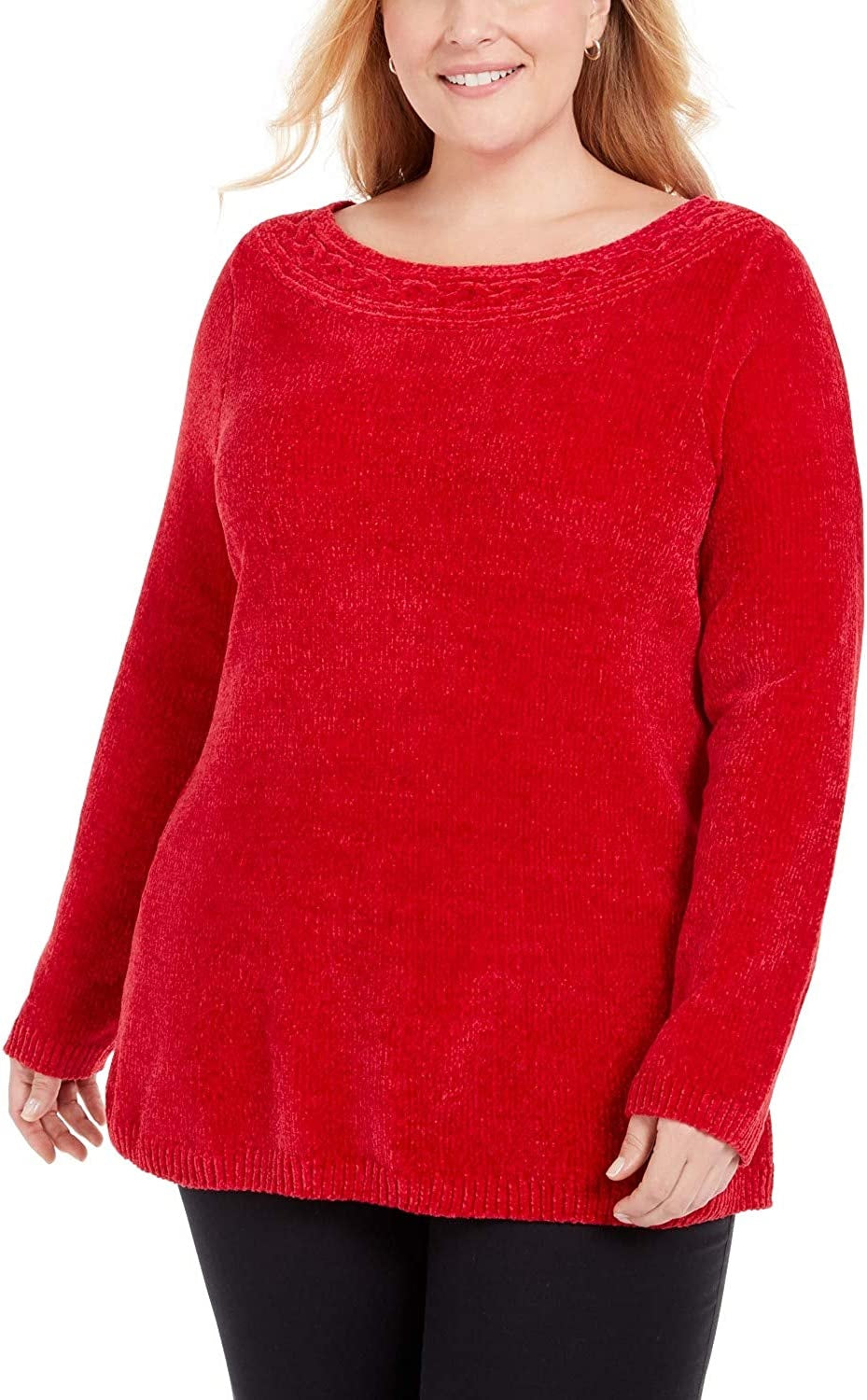 Karen Scott Suéter Feminino Plus com Gola Canoa em Chenille Vermelho Tamanho 0X