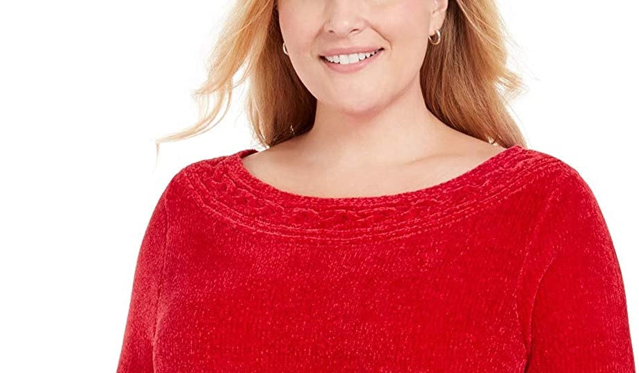 Karen Scott Suéter Feminino Plus com Gola Canoa em Chenille Vermelho Tamanho 0X