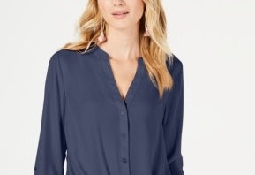 Blusa feminina com botões e estampa frontal Petite Twist da INC International Concepts, azul, tamanho PS