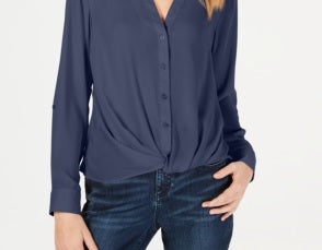 Blusa feminina com botões e estampa frontal Petite Twist da INC International Concepts, azul, tamanho PS