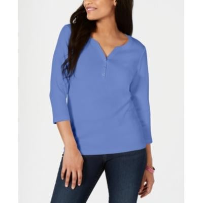Camisa Henley de algodão pequena feminina Karen Scott, azul, tamanho PS/M