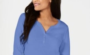 Camisa Henley de algodão pequena feminina Karen Scott, azul, tamanho PS/M