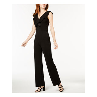 Bar III Women's Black Ruffled Neck Line Sleeveless V Neck Boot Cut Evening Jumpsuit Black Size 10