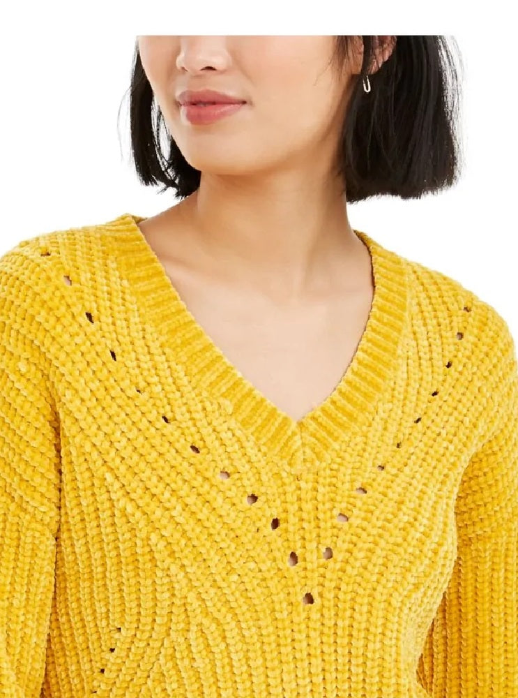 Suéter feminino Bar III dourado, manga comprida, gola V, amarelo, tamanho médio