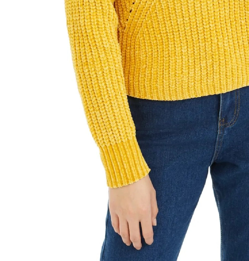 Suéter feminino Bar III dourado, manga comprida, gola V, amarelo, tamanho médio