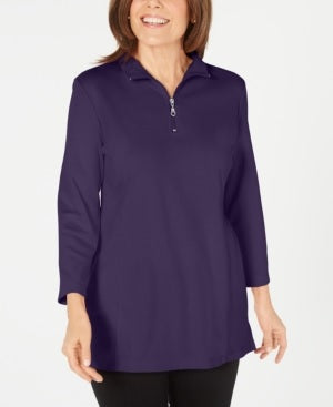 Karen Scott Blusa feminina de algodão com meio zíper e gola alta, roxa, tamanho médio