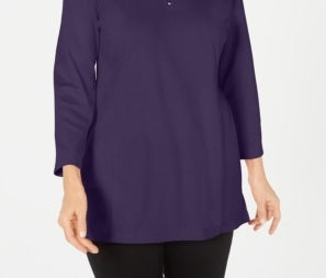 Karen Scott Blusa feminina de algodão com meio zíper e gola alta, roxa, tamanho médio