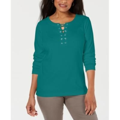 Karen Scott Blusa de algodão com cadarço feminina, verde, tamanho pequeno