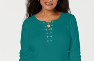 Karen Scott Blusa de algodão com cadarço feminina, verde, tamanho pequeno