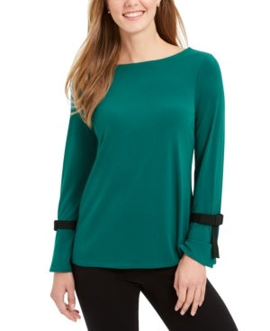 Blusa de crepe feminina Charter Club com mangas amarradas, verde, tamanho pequeno
