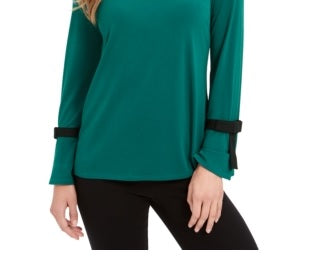 Blusa de crepe feminina Charter Club com mangas amarradas, verde, tamanho pequeno