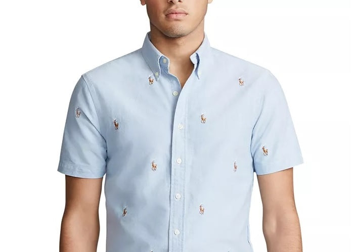 Camisa Oxford Ralph Lauren Masculina Allover Pony Manga Curta Azul Tamanho XS