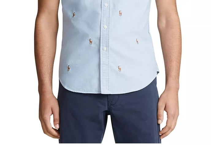 Camisa Oxford Ralph Lauren Masculina Allover Pony Manga Curta Azul Tamanho XS