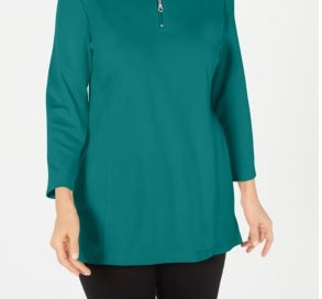 Karen Scott Blusa Feminina Verde Manga Longa Gola Alta Azul Tamanho Médio