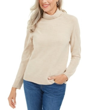Karen Scott Suéter Feminino Petite Luxsoft Gola Alta Bege Tamanho Pequeno