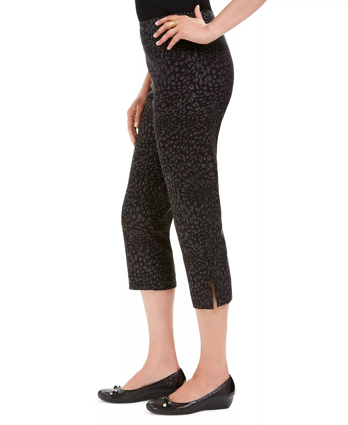 Calça capri feminina estampada com controle de barriga JM Collection, preta, tamanho X-G