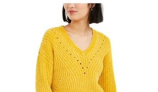 Suéter curto feminino Bar III com ilhós e decote em V, amarelo, tamanho extragrande